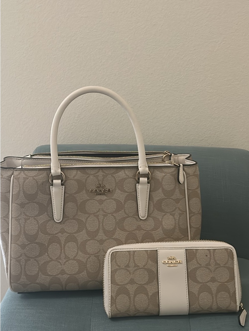 Coach Beige Signature Canvas Satchel with Matching Wallet